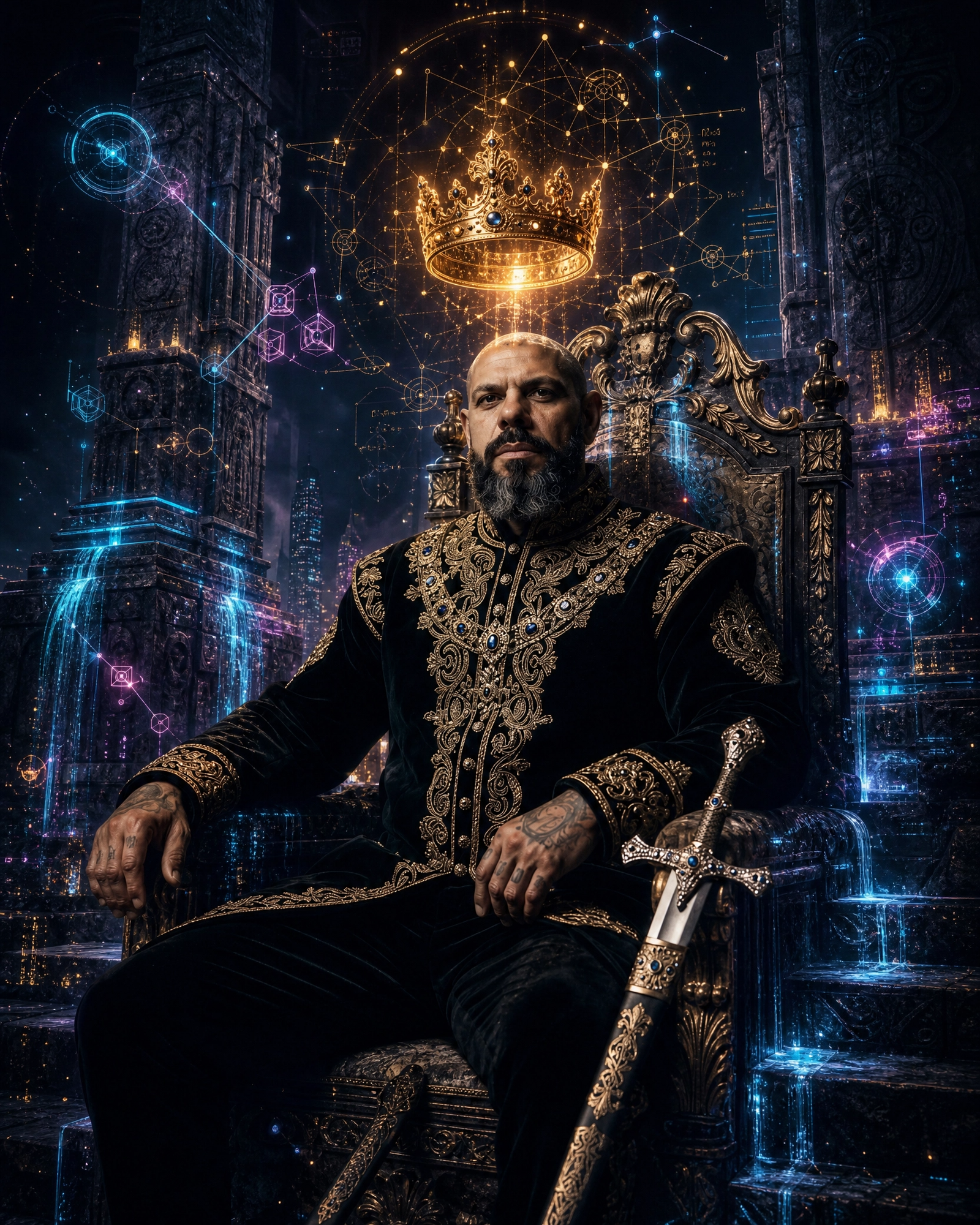 Dark cinematic digital art merging an ancient temple with data nodes and a golden crown